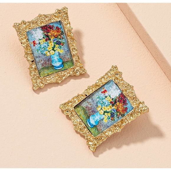 Vincent Van Gogh FLOWERS in a BLUE VASE in Ornate Frame Stud Earrings NEW! 701 - Picture 4 of 4